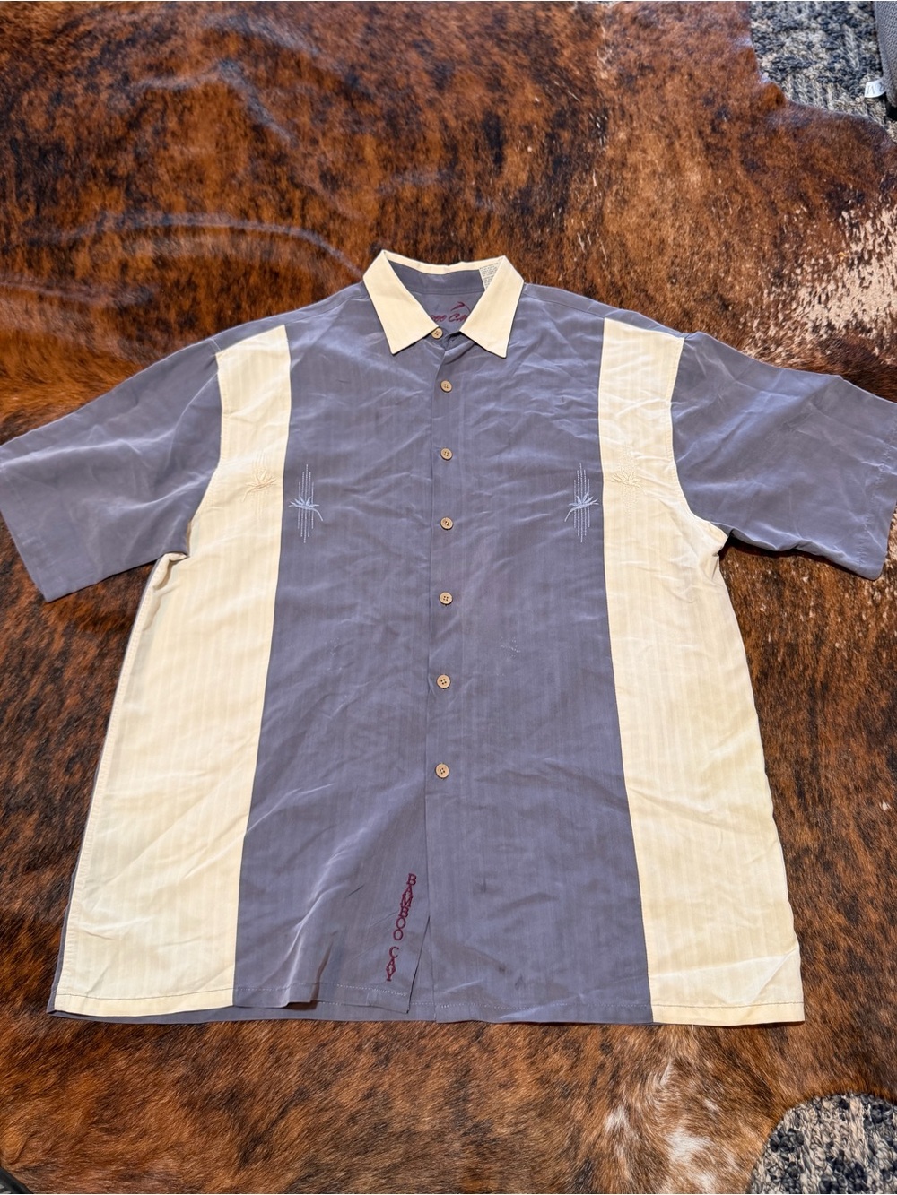 Bamboo Cay Mens L Blue Cream Bird of Paradise Embroidered Hawaiian Button Up